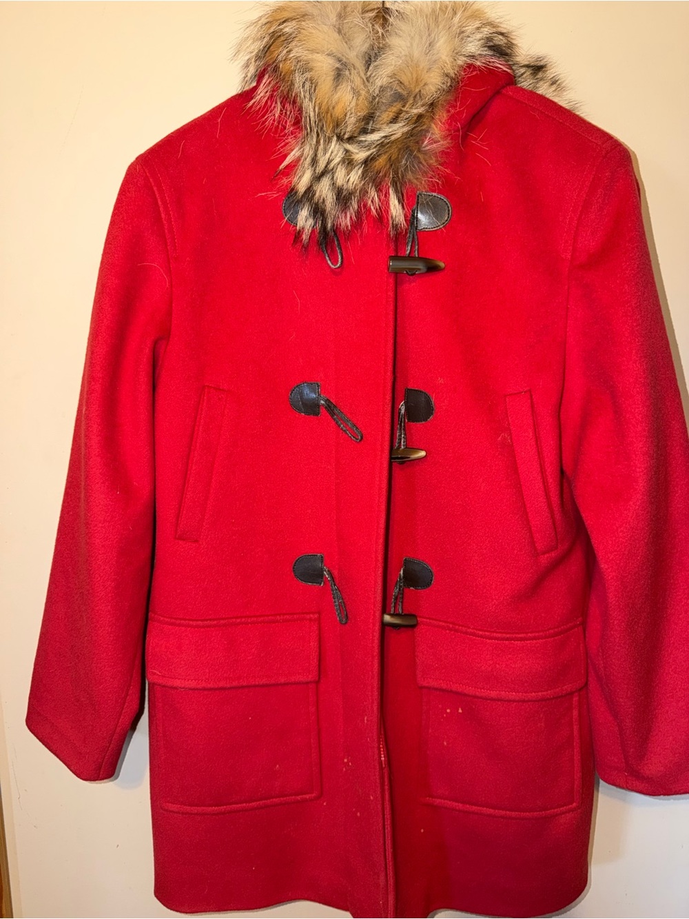Michael Kors Women’s Red Wool Coat with Faux Fur Trim